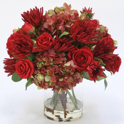 Waterlook Hydrangea Red Rose And Dahlia