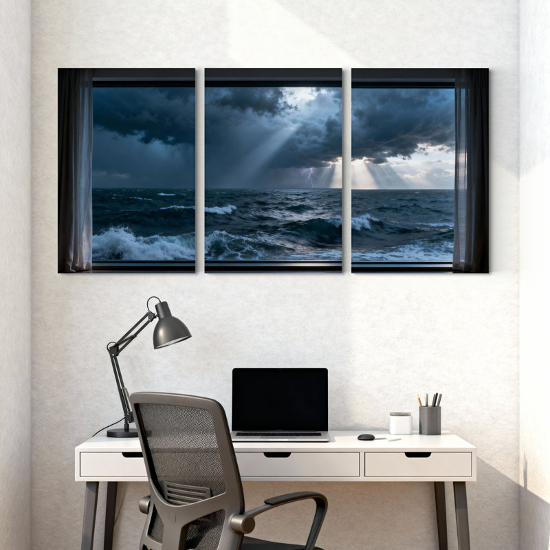 Scènes de paysage urbain et urbain, vagues de tempête, nuages, rayons de soleil, horizon, ciel, ensemble de 3 impressions sur toile
