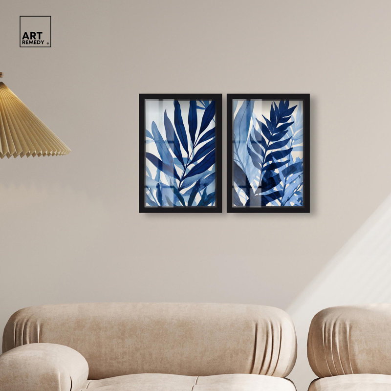 Glamour Blue Botanical Set Shadowbox Floral Decor par Art Remedy, Noir, H 16 po x l 11 po