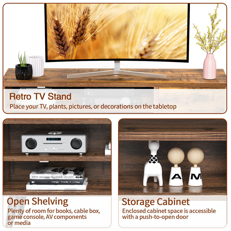 Riley-James 47.24" Mid-Century Modern TV Stand for TVs up to 55", Entertainment Console with Open Shelf and Storage, Brown