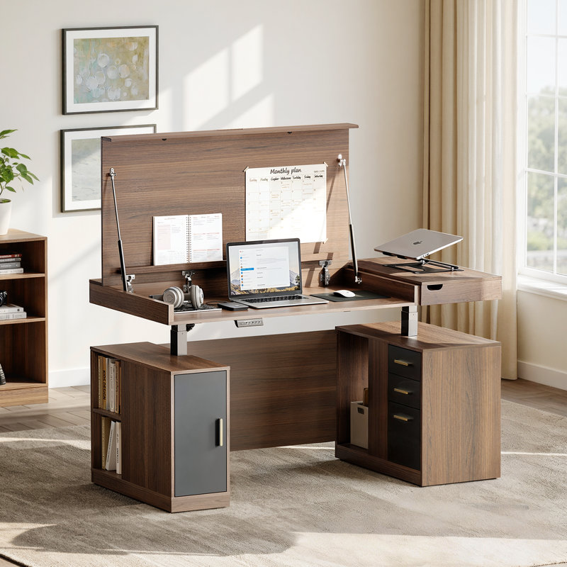 63"W  Electric Height Adjustable Executive Office Desk With Soft-Close Storage,Cabinet & 3 Drawers, Charging Station & Privacy Panel, Convertible Leisure Table For Home Office