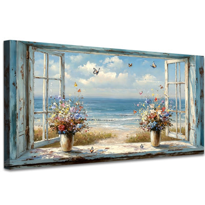 Coastal Ocean Window Canvas Wall Art, 2:1 Panoramic Wrapped Canvas Print with Open Window, Floral Bouquets, Butterflies and Beach Waves for Living Room Bedroom Decor 16×32 Inch
