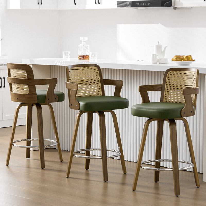26.77" Upholstered Cane Back Counter & Bar Stool With Armrest, Green