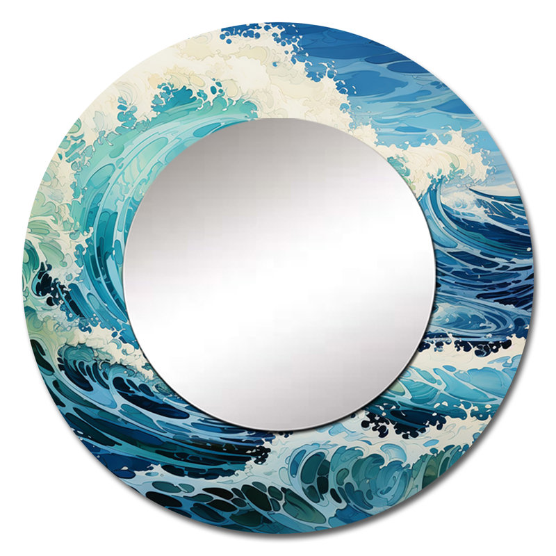 Coastal Waves Of Wonder VII - Waves Decorative Mirror, Coastal Wall Mirror, Printed Metal Art, 36" x 36", Round