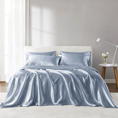 Queen Blue Luxury 6 Pcs Satin Sheet - Fitted For 16" Mattresses, Smooth On Skin, Helps Tame Frizz, Gentle Hair,