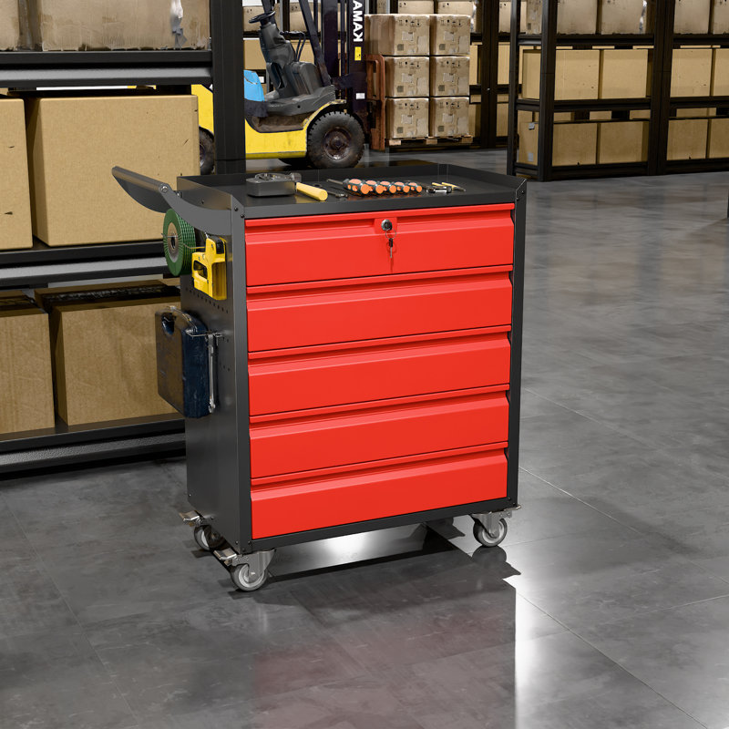 Metal Rolling Tool Chest with 5 Drawers and 4 Hooks, Tool Storage Cabinet with Lockable Wheels and Pushing Hands For Warehouse, Garage, Assembly Required, Black&Red