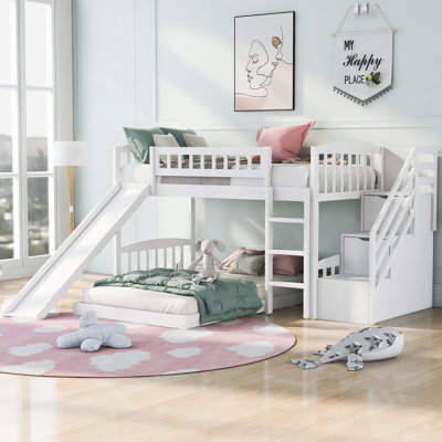 Stairway Twin Over Twin 2- Drawers Bunk Bed With Stairs and Slide