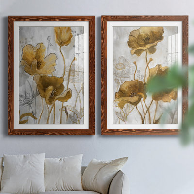Or et argent Flowerfield I - ensemble de 2 reproductions d'art sur papier encadré