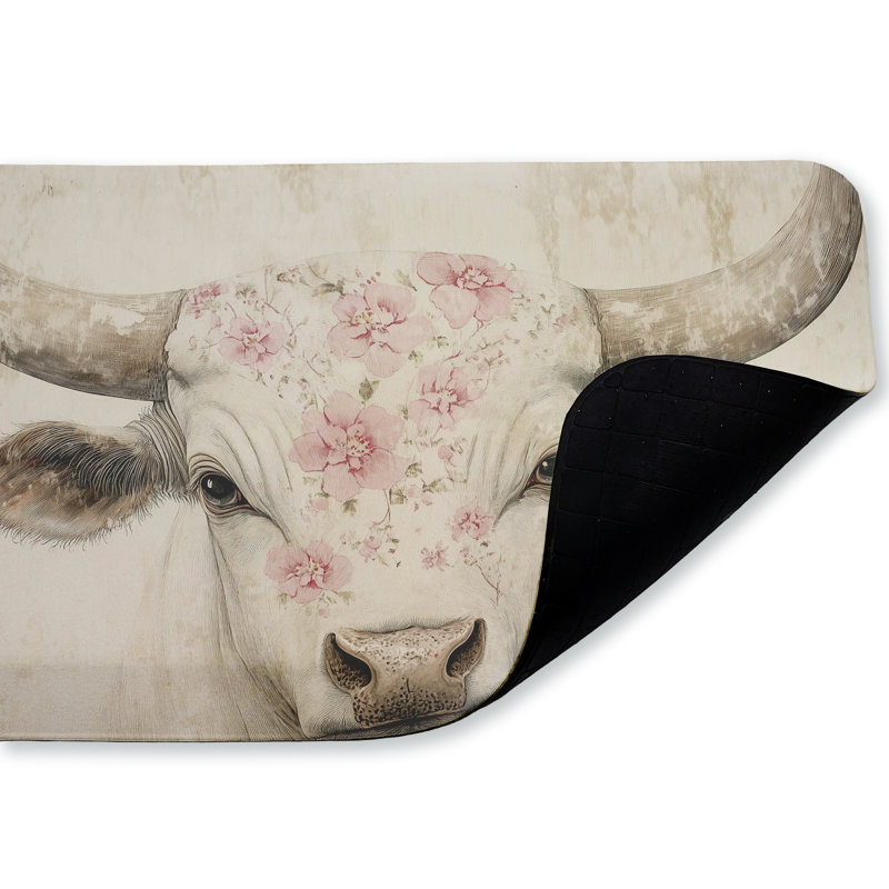 Tapis de sol floral imprimé à motif de vache embrassée par Heidi Kuntz, 30 po x 18 po, Vache fleurie