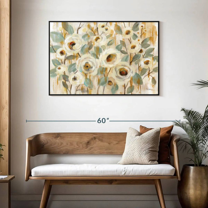 Or blanc et fleur de sauge, Cadre flottant noir, 43 po x 29 po