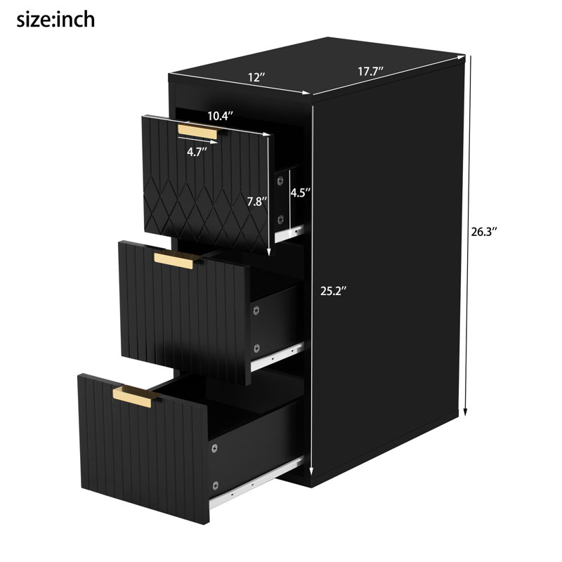 Modern Black Wall Mounted Side Cabinet With 12-Inch Width, Drawers For Bathroom And Living Room, Iron Handles, Subtle Stripe Carving Added Charm Depth, Construction, Elegant Design
