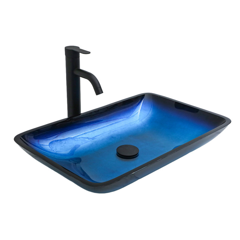 Évier vasque carré en verre trempé avec drain escamotable, finition dégradée bleu ambre | Idée de cadeau