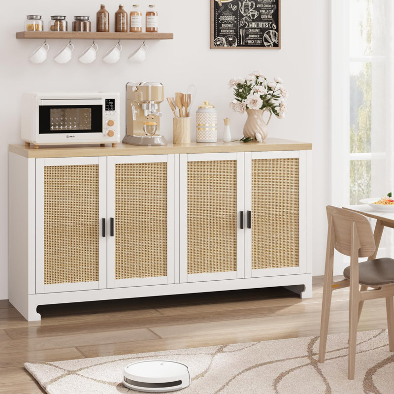 White and Natural Rattan 4-Door Buffet Cabinet with Shelf