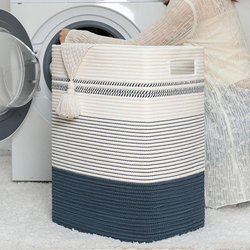 Panier à linge, panier à linge haut en corde tissée avec poignées, panier de rangement décoratif pour vêtements et couvertures dans le salon, la chambre à coucher