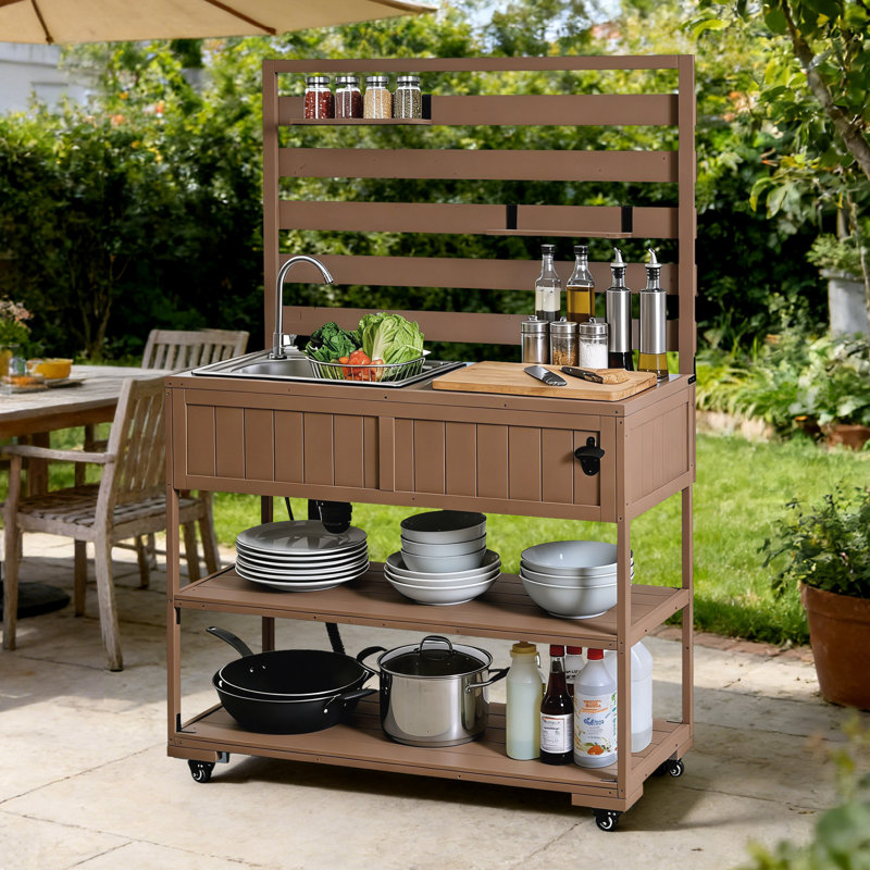 41.7'' Rolling Outdoor Kitchen Island, Solid Wood Kitchen Cart With Sink And Stainless Table Top, Brown