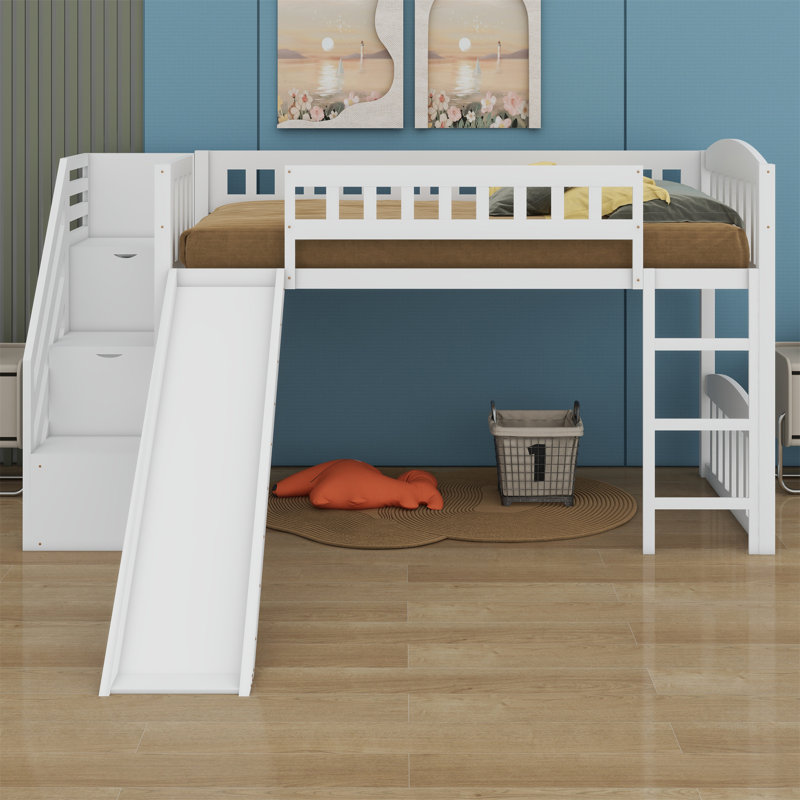 Lit mezzanine avec deux tiroirs et glissade, Blanc