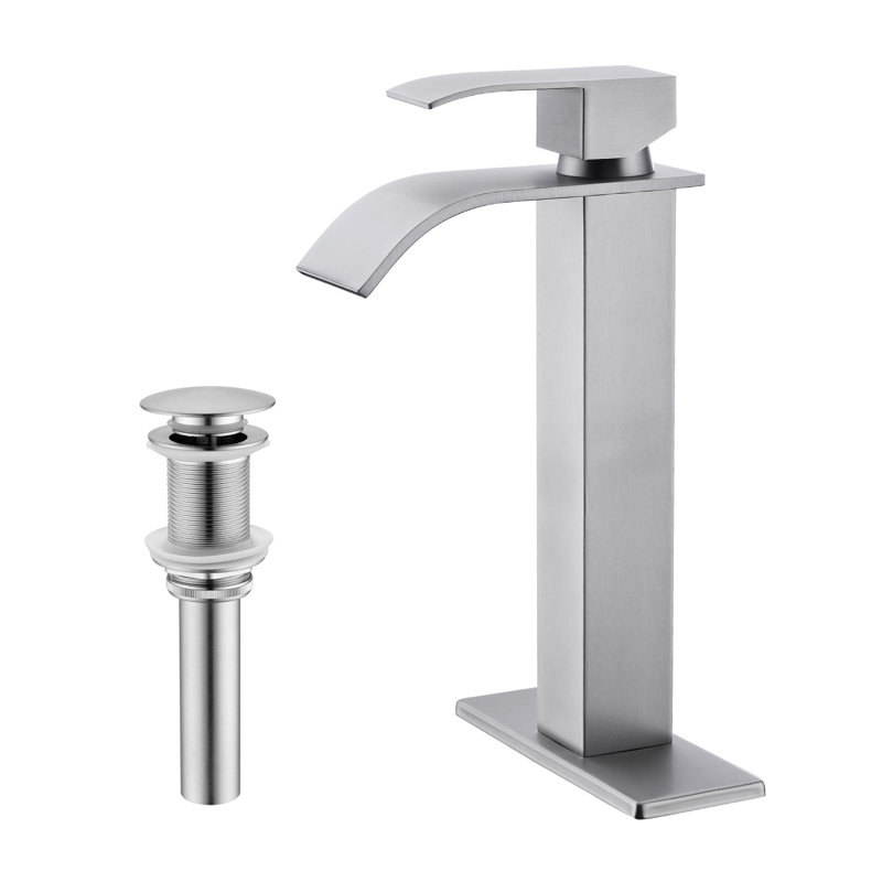 Waterfall Spout Bathroom Sink Single Handle Faucet with Pop-Up Drain (No Overflow), Brushed Nickel