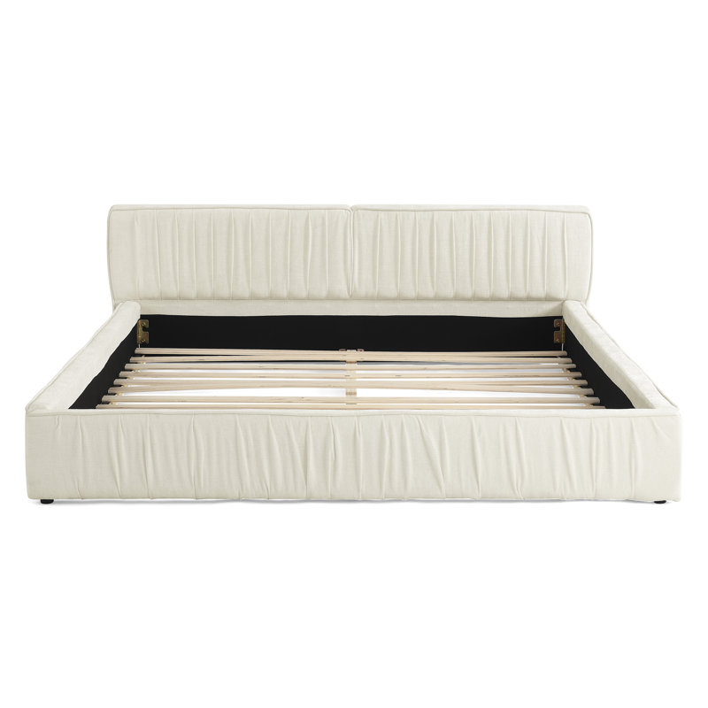 Grand lit moderne avec revêtement et tête de lit en chenille beige, conception plissée pour une chambre relaxante, panneau de particules massif, assemblage rapide, structure, tissu épais, conception, support, simple