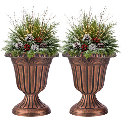 Ensemble de 2 pots de fleurs pour l'extérieur - urne de 16 x 18 pouces pour décor de porche, intérieur, patio ou vestibule - pots à fleurs en plastique - grands pots de fleurs décoratifs (bronze rustique)