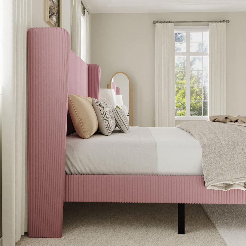 Ribbed Corduroy Platform Bed With Wingback Headboard And Wooden Slats, No Box Spring Needed, Full, Pink