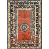 Antique Caucasian Geometric Medallion Wool Hand Knotted Pile Coral / Salmon Pink 1930s Rug