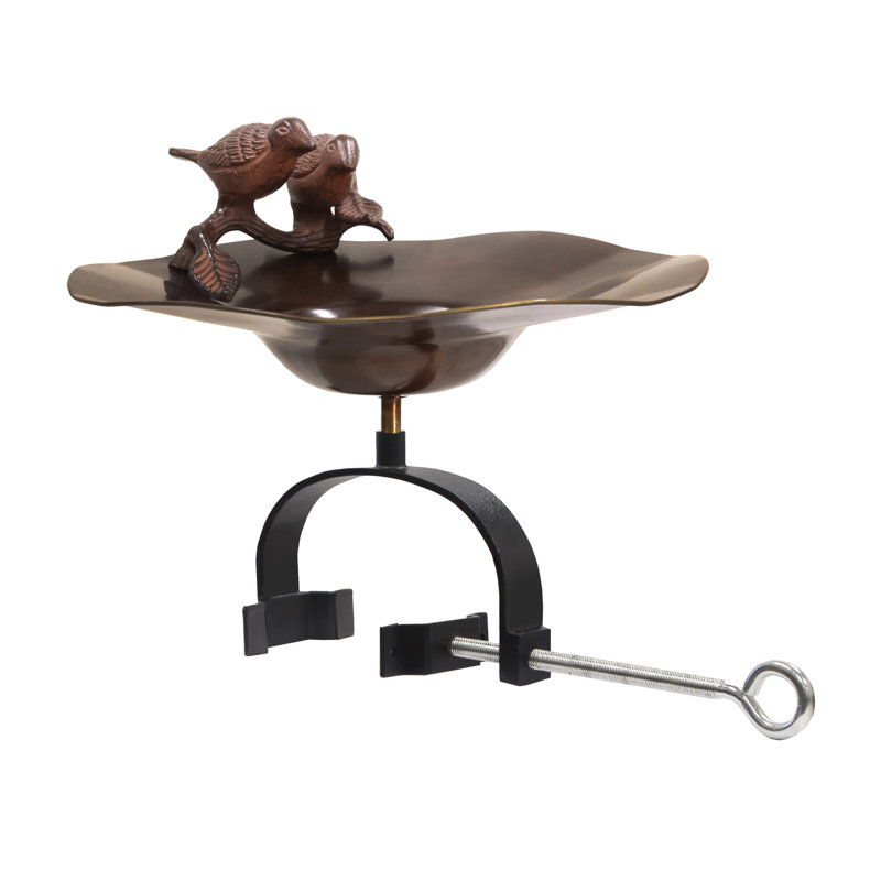 Antique Copper Birdbath with Sculpted Songbirds and Railing Bracket