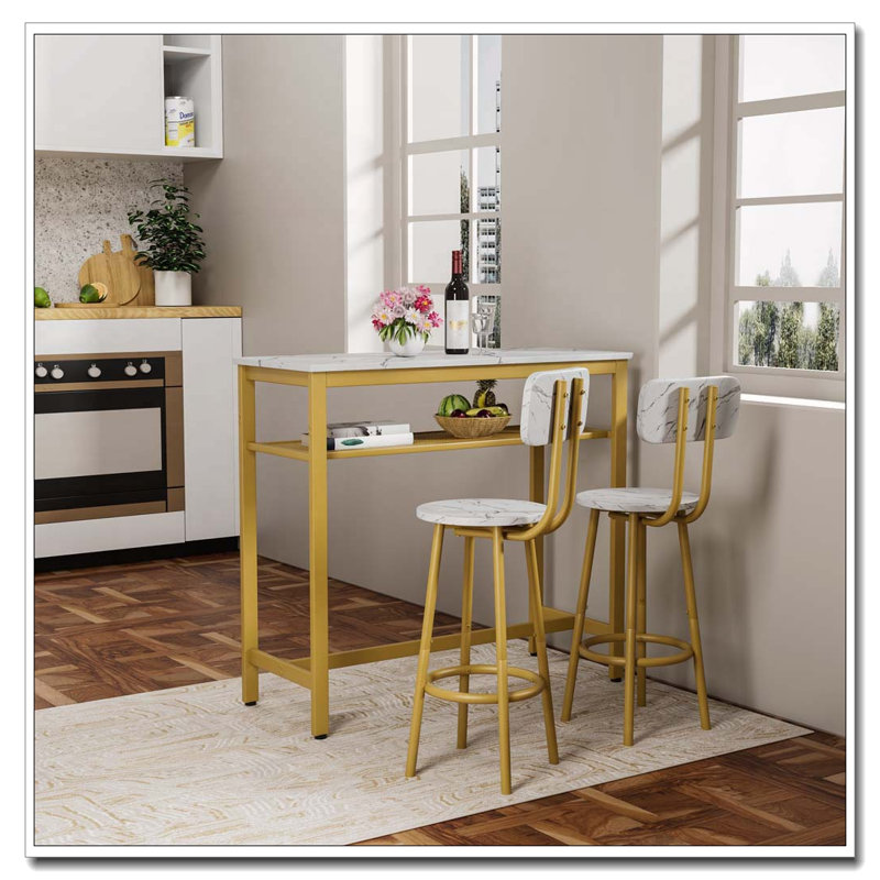 Ensemble de table de bar 3 pièces avec plateau en faux marbre et tabourets pliables, Blanc / Doré