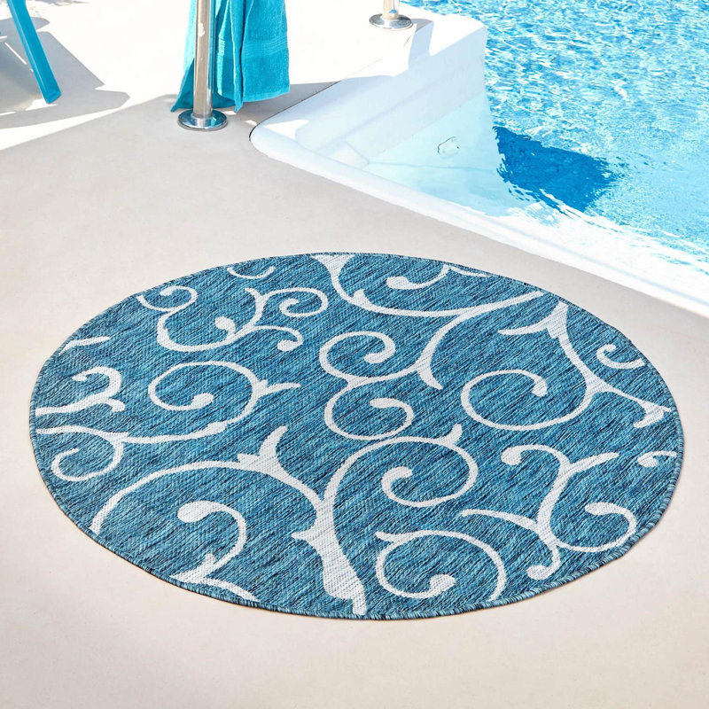 Tapis intérieur / extérieur bleu sarcelle en polypropylène tissé à la machine, Rond 13 pi