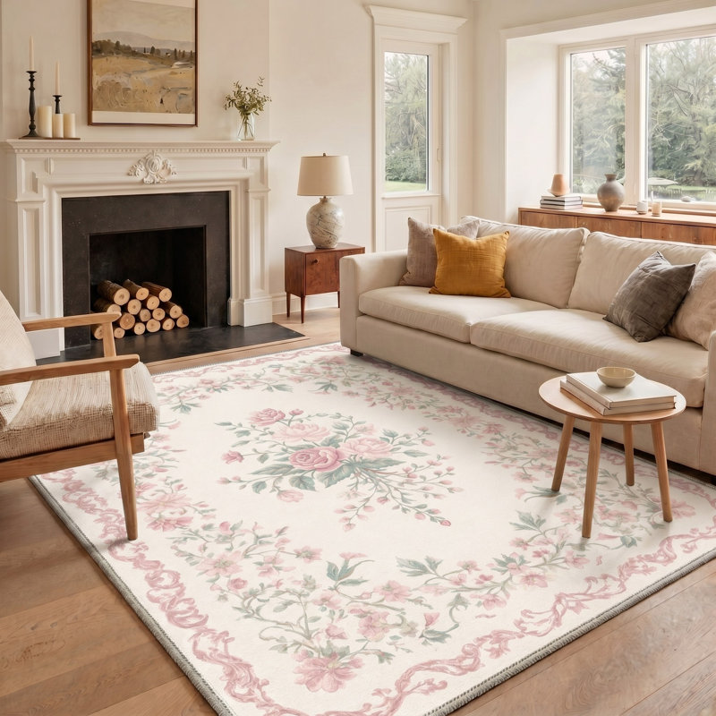 Tapis ivoire / rose à motif floral lavable à la machine avec envers antidérapant, Rectangle 8' x 10'