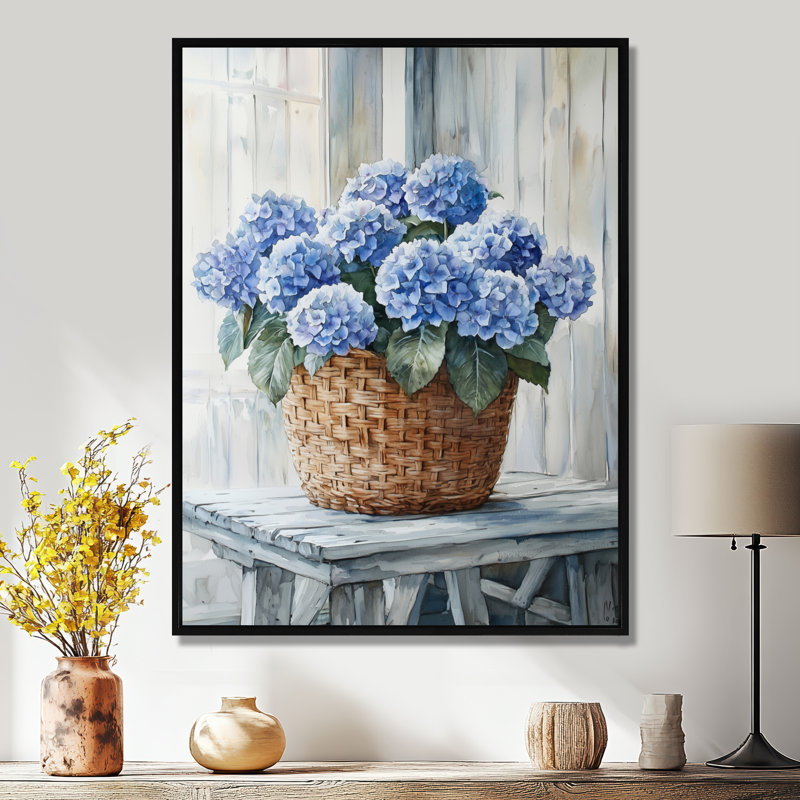 Hortensias dans un panier de ferme III - hydrangées, art mural, Noir, Reproduction avec cadre flottant, H 20 po x l 12 po