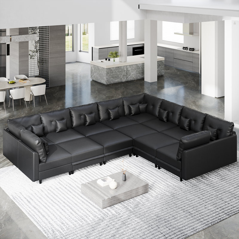 Zendajas Upholstered U-Shaped Sectional, Black Faux Leather