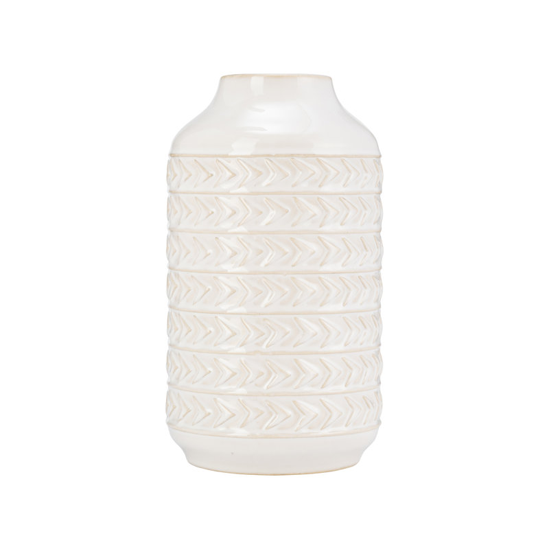 Vase aztèque en céramique neutre texturé ivoire, H 10 po x l 6 po x P 6 po