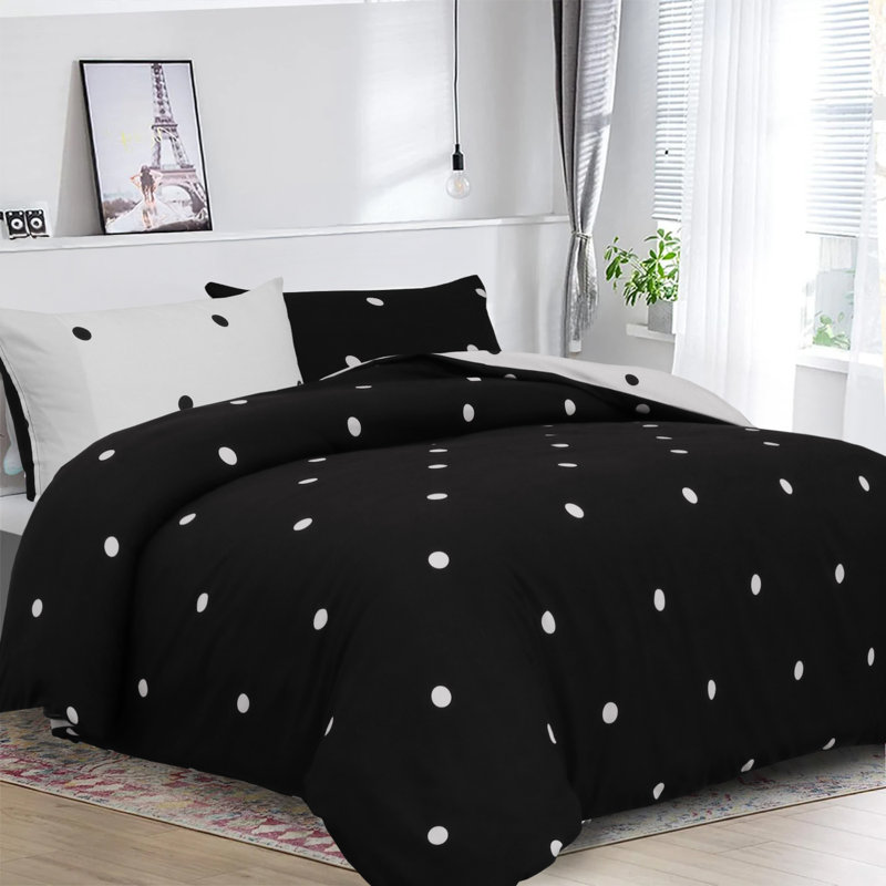 100% Microfiber Polka Dots Duvet Cover Set  With Pillow Cases, Kingsize Duvet Cover Set + 2 Standard Pillowcases, Black/White