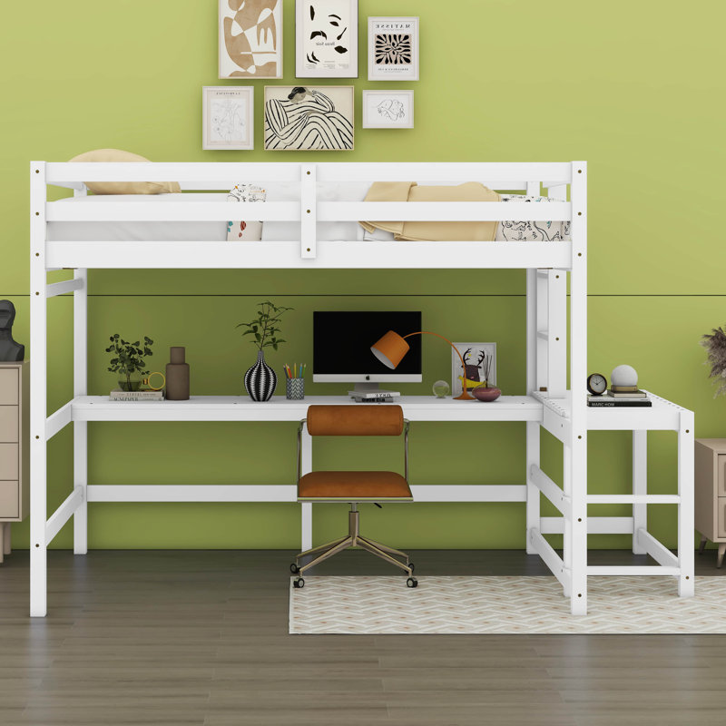 Lit double en bois robuste avec bureau intégré, Blanc