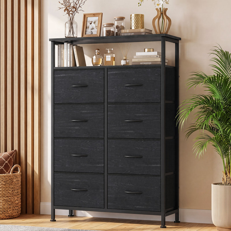 Fabric Dresser for Bedroom with Open Shelves, Tall Dresser with 8 Drawers, Storage Tower, Chest of Drawers for Closet