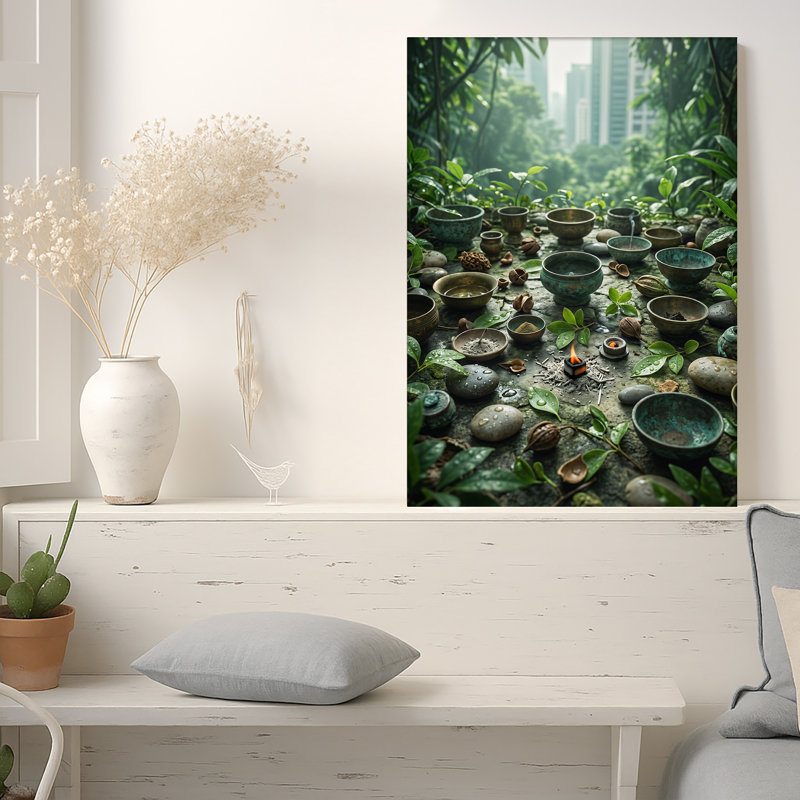 Art mural sur toile bronze avec bols et pierres dans la jungle urbaine, 18"H x 12"W