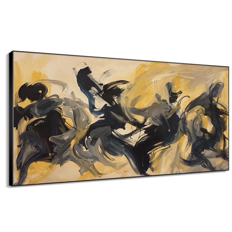 Abstrait jaune et noir coup de pinceau salon grand art mural encadré (assemblage de cadre requis), H 24 po x l 46 po
