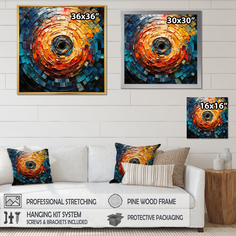 Coloré disque vinyle mosaïque III sur toile, Cadre doré à une seule photo, H 36 po x l 36 po x P 1,5 po