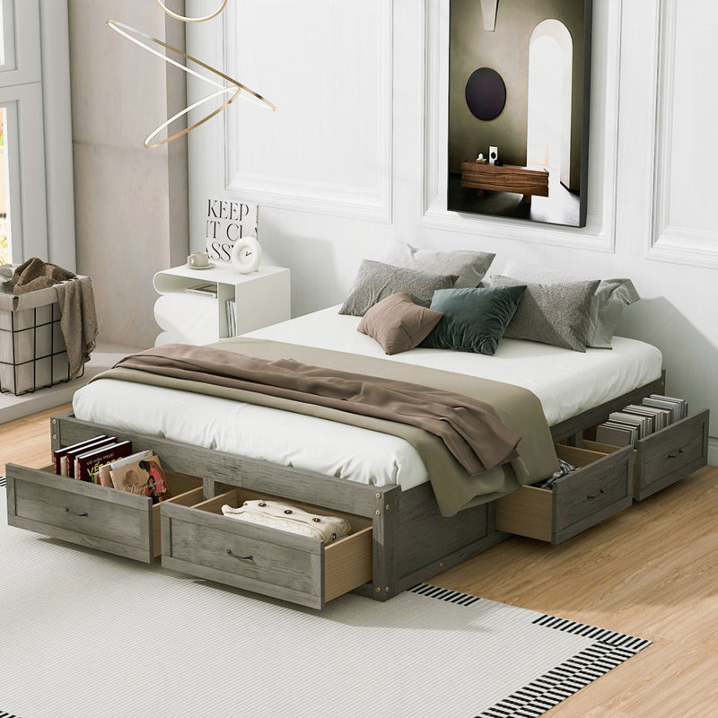 Grand lit plateforme avec 6 tiroirs de rangement, Gris antique