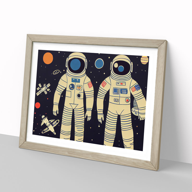Two Retro Astronauts Vol.4 - Single Picture Frame Print, 46cm H x 64cm W x 2cm D, Oak Framed