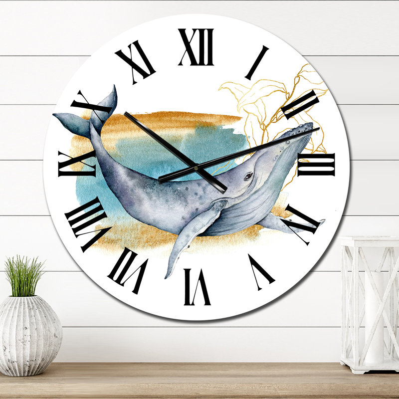 Blue Sperm Whale on White V - Horloge murale nautique et côtière, Petit