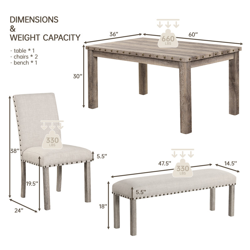Fort 4 - Pieces Dining Set with Upholstered Chair and Bench (Set for 4)
