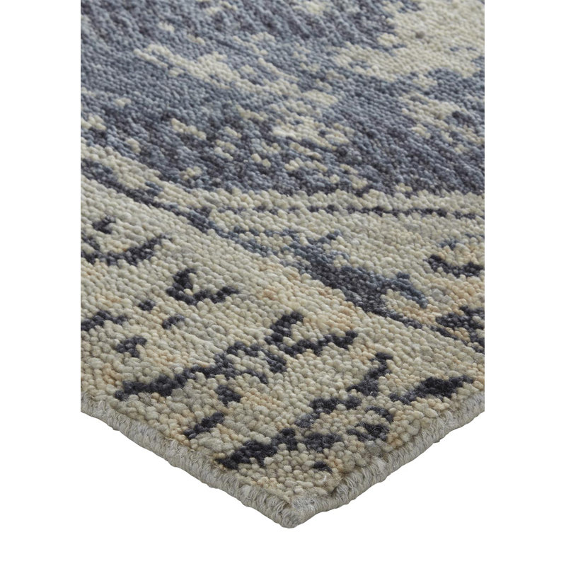 Ivory and Blue Hand-Knotted Wool Trellis Area Rug