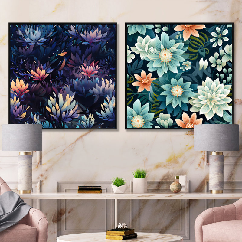 Witney - Ensemble de 2 collages floraux carrés, Cadre flottant noir, H 16 po x l 33 po