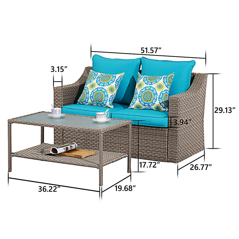 Outdoor Brown Wicker PE Rattan Patio Sofas Double Couch Set With Coffee Table Couch Cushion, Blue