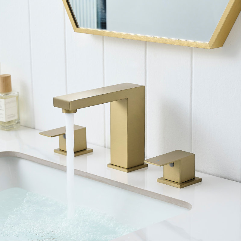 3 Hole Gold 8 Inch Widespread Bathroom Faucet, Double Lever Handles, Stainless Steel Material, Manual Control, Side , Cartridge Valve, Geometric Shape, Deck - Mounted Sink Faucet With Installation,