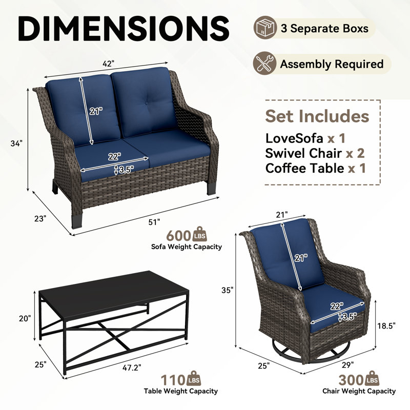 Ensemble de patio extérieur en osier pour 4 personnes avec causeuse, chaises, table basse et coussin noirs, Bleu