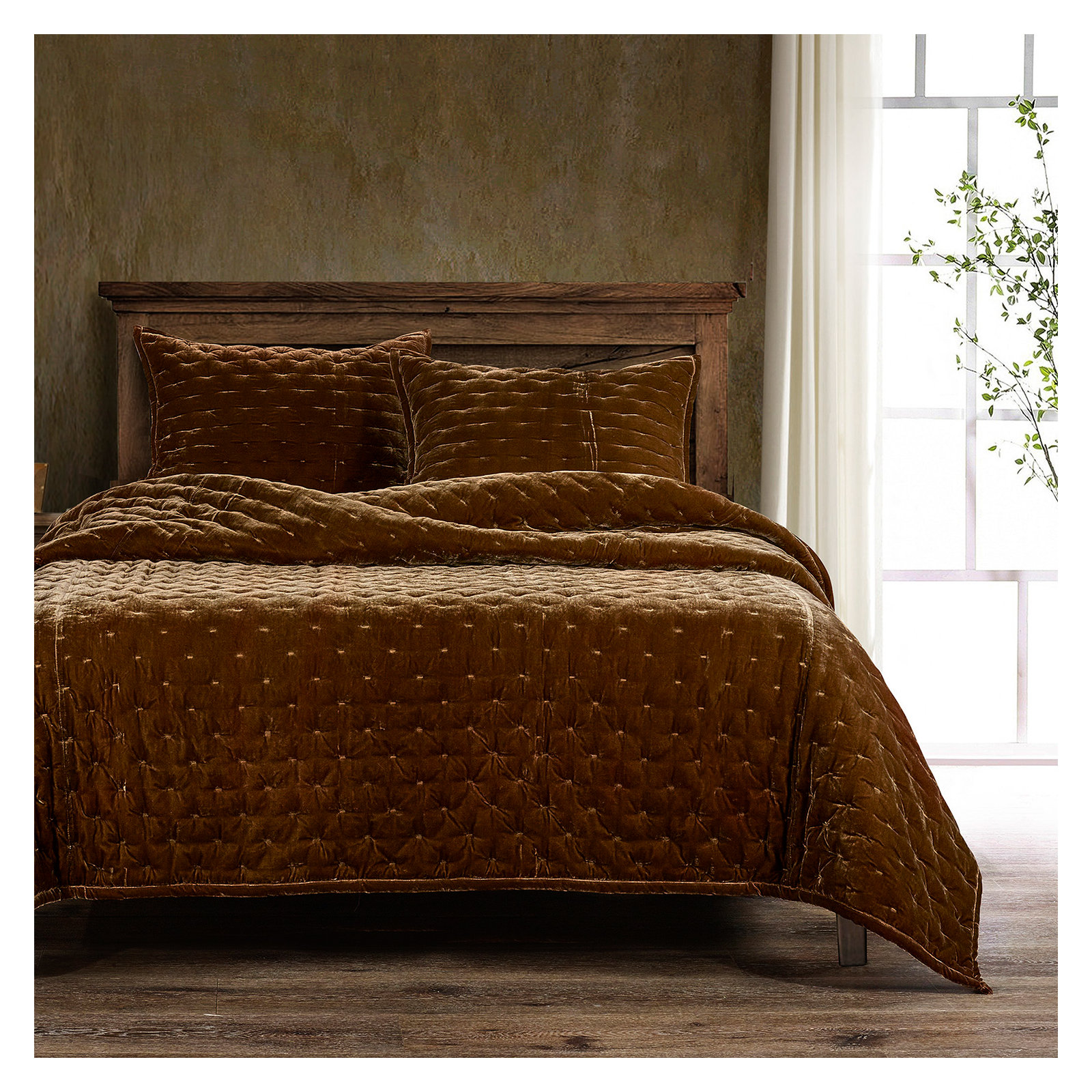 Stella Faux Silk Velvet Classic Chic Modern Rustic Romantic Western 1 Piece Quilt, Copper Brown, Queen Quilt