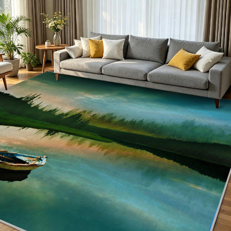 Blue Fishing Boat Calm Lake Landscape Beautiful Machine Washable Indoor Area Rug, Rectangle 79" x 118"