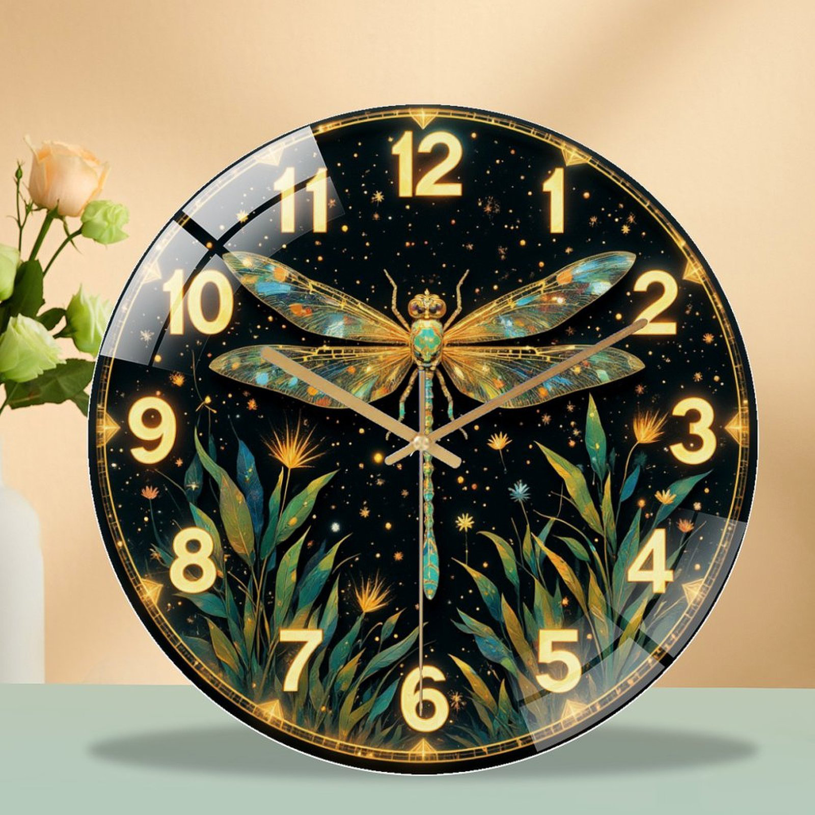 Dragonfly Clock Roses East Urban Home Dragonfly Wall Clock with Colorful Floral Design Art ...